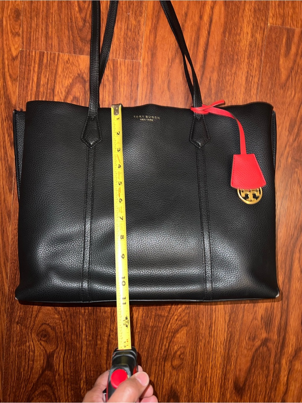 Tory Burch Black Leather Tote with Red Hanging Accent - Picture 9 of 10